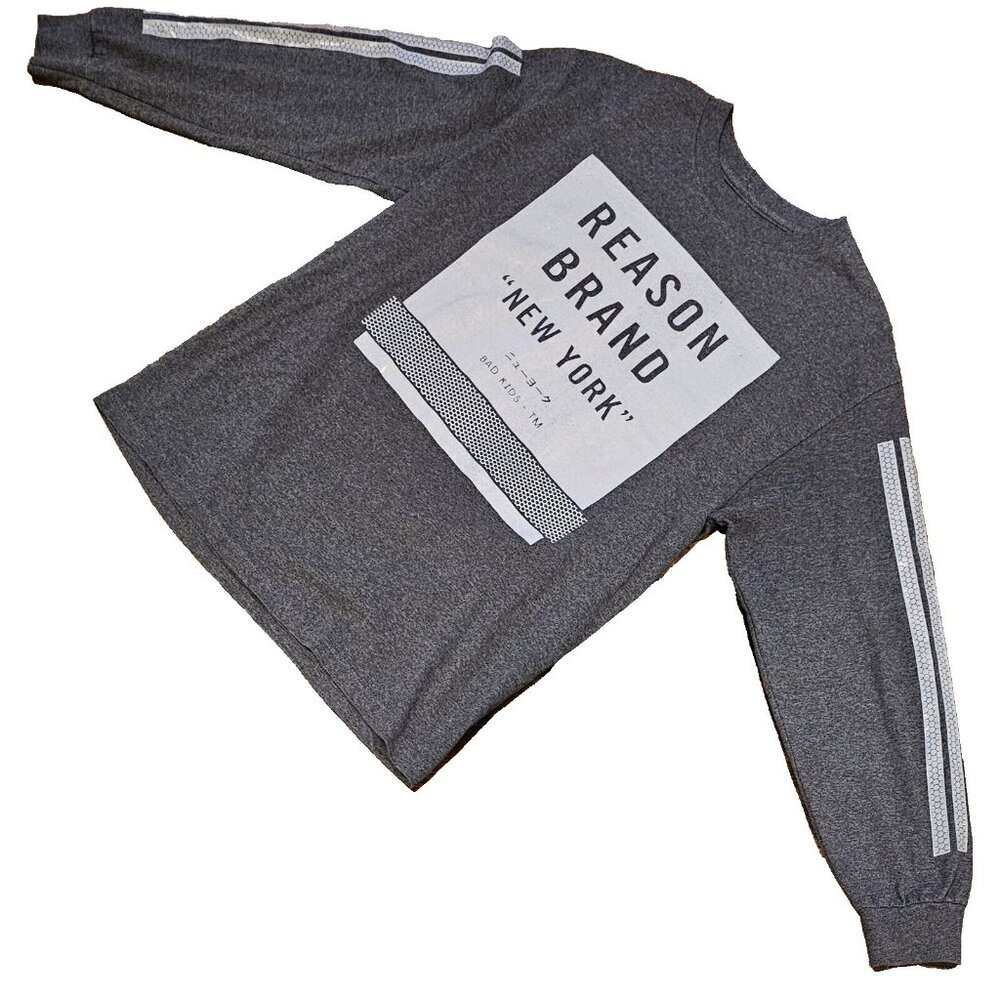 Reason Clothing New York Gray Graphic Jersey Shirt Stripe Long Sleeve Men Medium